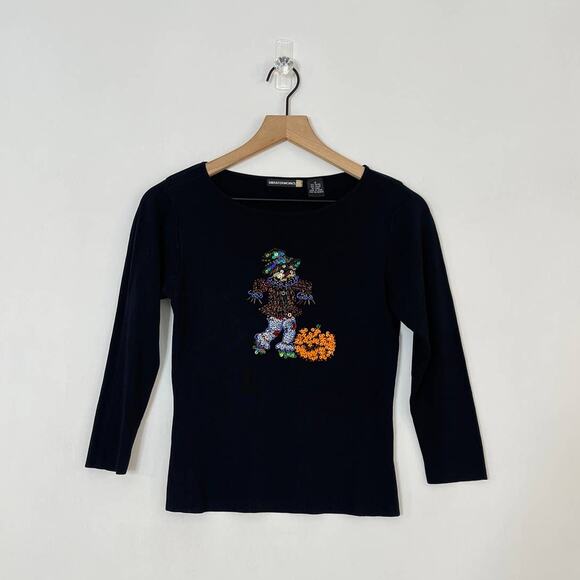 Vintage Sweaterworks Fall Scarecrow and Pumpkin Embellished Sweater Size Sm Y2K - Picture 1 of 4